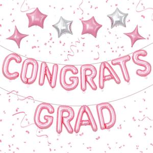 Pink Congrats Grad Balloons,16 Inch Congrats Grad Banner Balloons with 6pcs Pink and Silver Star Balloons with Ribbon for Graduate Party,Graduation Decorations Class of 2026