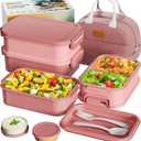 Adults Bento Box with Insulated Lunch Bag, 74oz Capacity 3 Stackable Leak-Proof Bento Box Built-In Utensil and Sauce, PFAS & BPA-Free, Microwave & Dishwasher Safe (Rose Pink)