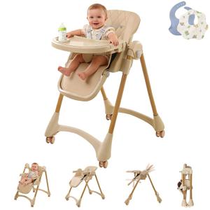 High Chairs for Babies and Toddlers, Foldable Baby High Chair with Wheels for Eating, 6 in 1 High Chair with Removable Tray, Adjustable Backrest and Height, Include 2 Bibs, Tool-Free Assembly