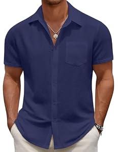 COOFANDY Men's Casual Button Down Short Sleeve Shirt Textured Summer Beach Vacation Shirt Navy Blue, M