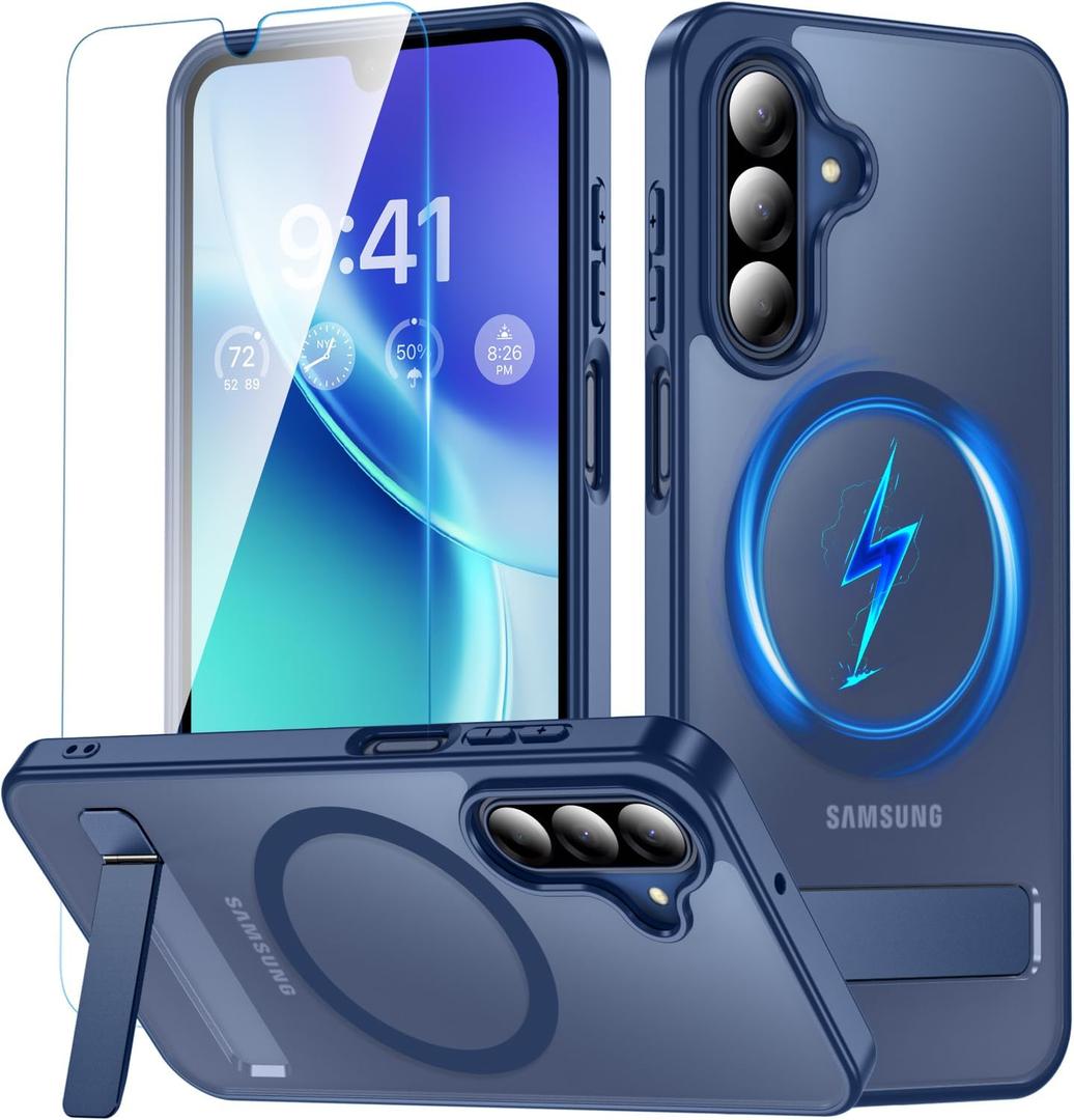 OWKEY for Samsung Galaxy A17 5G Case with Stand, Magnetic Shockproof Phone Case Fit for Magsafe Translucent Matte Cover for Samsung A17 5G/4G, Blue