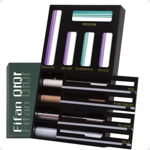 9 In 1 Storage Bag Organizer And Plastic Wrap Dispenser With Cutter, Bamboo Foil and Plastic Wrap Organizer (23.6L*13W*3.4H, Black)