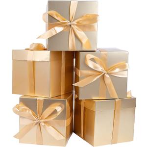 Jaywayang 5 Pack Gold Gift Boxes with Lids, Ribbons and Tissue Papers Square Gift Boxes - 7.1 Inch - Christmas Presents Wrapping Hanukkah Decoration Party Favor Boxes.
