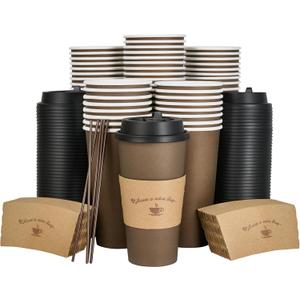 LITOPAK 100 Pack 20 oz Paper Coffee Cups, Brown Disposable Coffee Cups with Lids, Sleeves, Sticks, Drinking Cups for Hot Coffee, Water or Juice, Hot Paper Cups for Home, Restaurant, and Store
