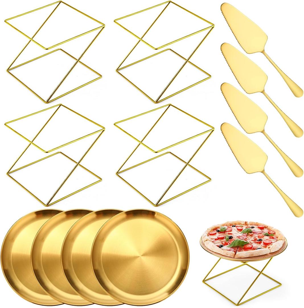 12 Pcs Pizza Pan Riser Stand Set: 4 Metal Pizza Stands, 4 Pizza Pan, 4 Wooden Pie Servers(Gold,Square)