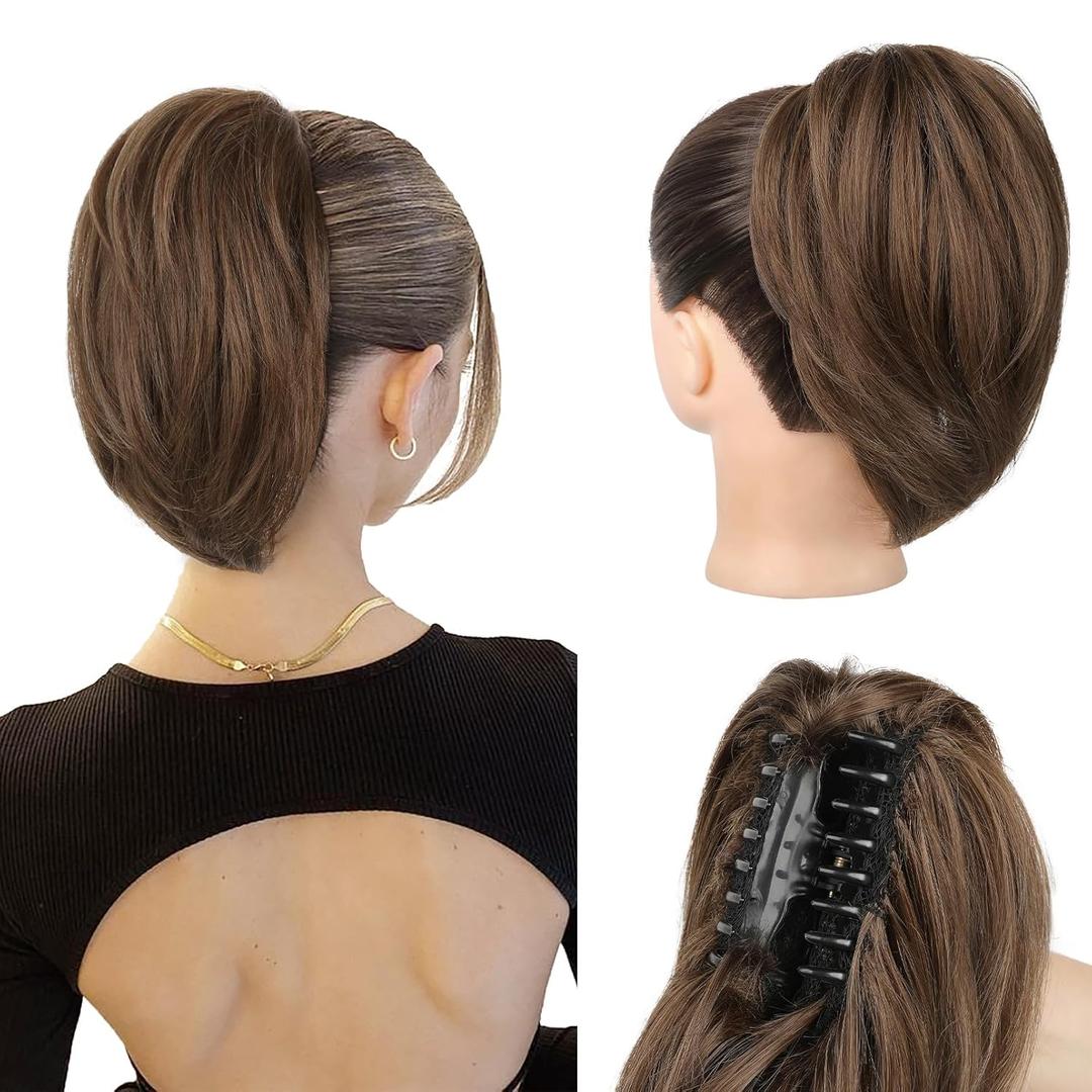 Ponytail Extension - 10" Short Claw Clip in Ponytail Hair Extensions Messy Bun Hair Piece Natural Soft Synthetic Straight Pony Tail Hair Pieces for Women - Ginger Brown