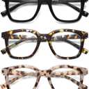 Reading Glasses For Women Blue Light Blocking Square Computer Reader Stylish Unbreakable Large Eyewear LK6078 (C1black+c2grey Tortoise+c3blue Quartz)