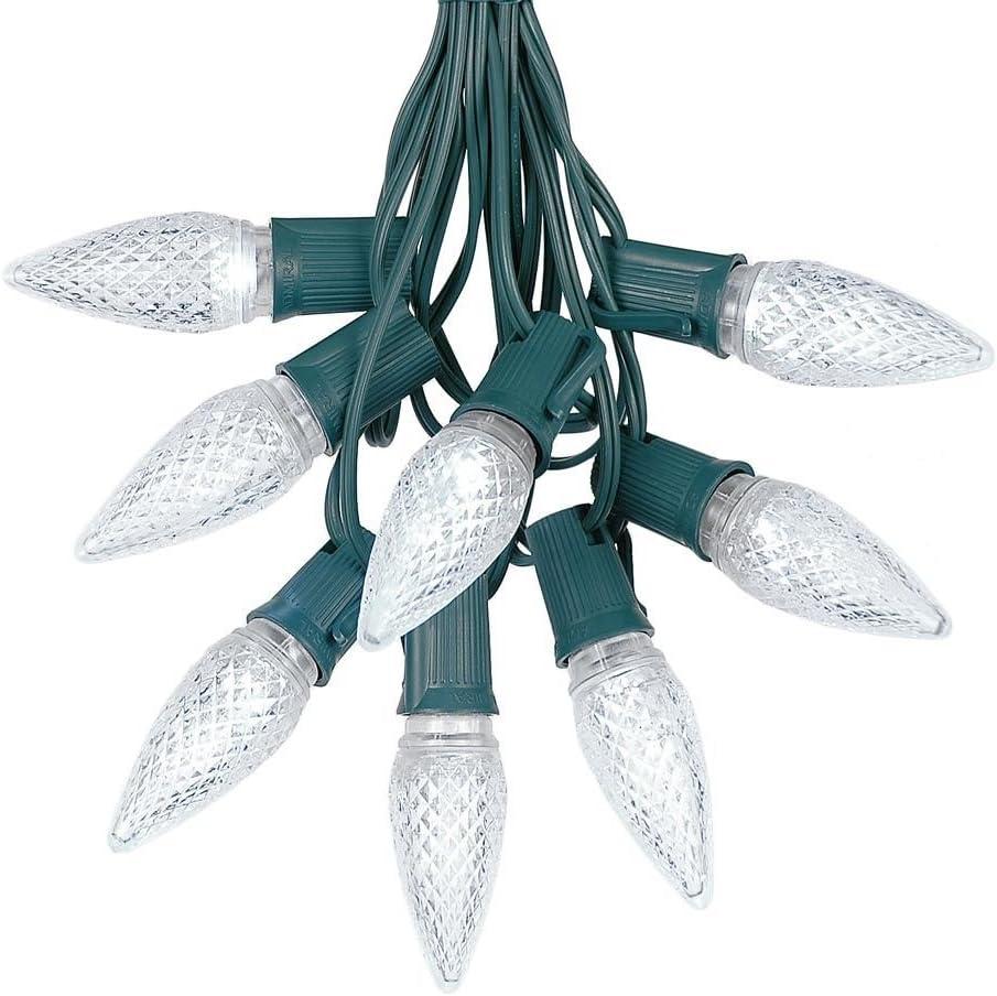 Novelty Lights 25 Foot C9 LED Outdoor Lighting Patio Christmas String Light Set, Pure White, Green Wire, 25 Bulbs