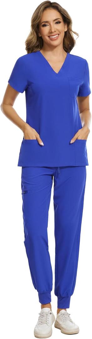 COZYFIT Scrubs for Women Set - Stretch V-Neck Scrub Top & Jogger Pant with 8 Pockets (Medium, Blueberry)