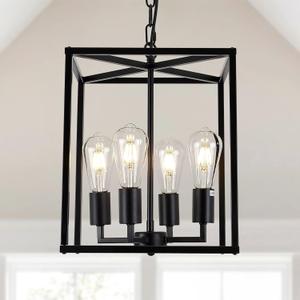 4-Light Black Farmhouse Chandelier Light Fixture Rustic Lantern Pendant Light Industrial Cage Hanging Lights for Kitchen Island Foyer Entryway Dining Room Hallway