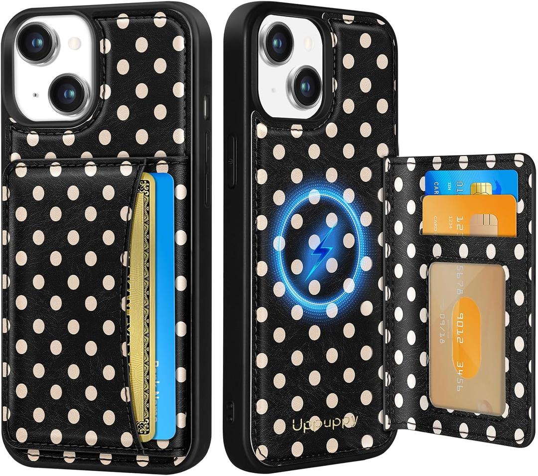for iPhone 15 Case with Wallet - Fits 4 Card Slots, Compatible with MagSafe for Women Aesthetic Durable PU Leather Credit Card Holder Kickstand Phone Cover for Apple 15, Black Polka