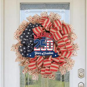 24Inch 4th of July Wreath, Patriotic Burlap Wreath for Front Door,Stripe and Stars Wreaths for USA 250th Anniversary, Memorial Day American Flag Printed Decorations for Outdoor (Flag Wreath)