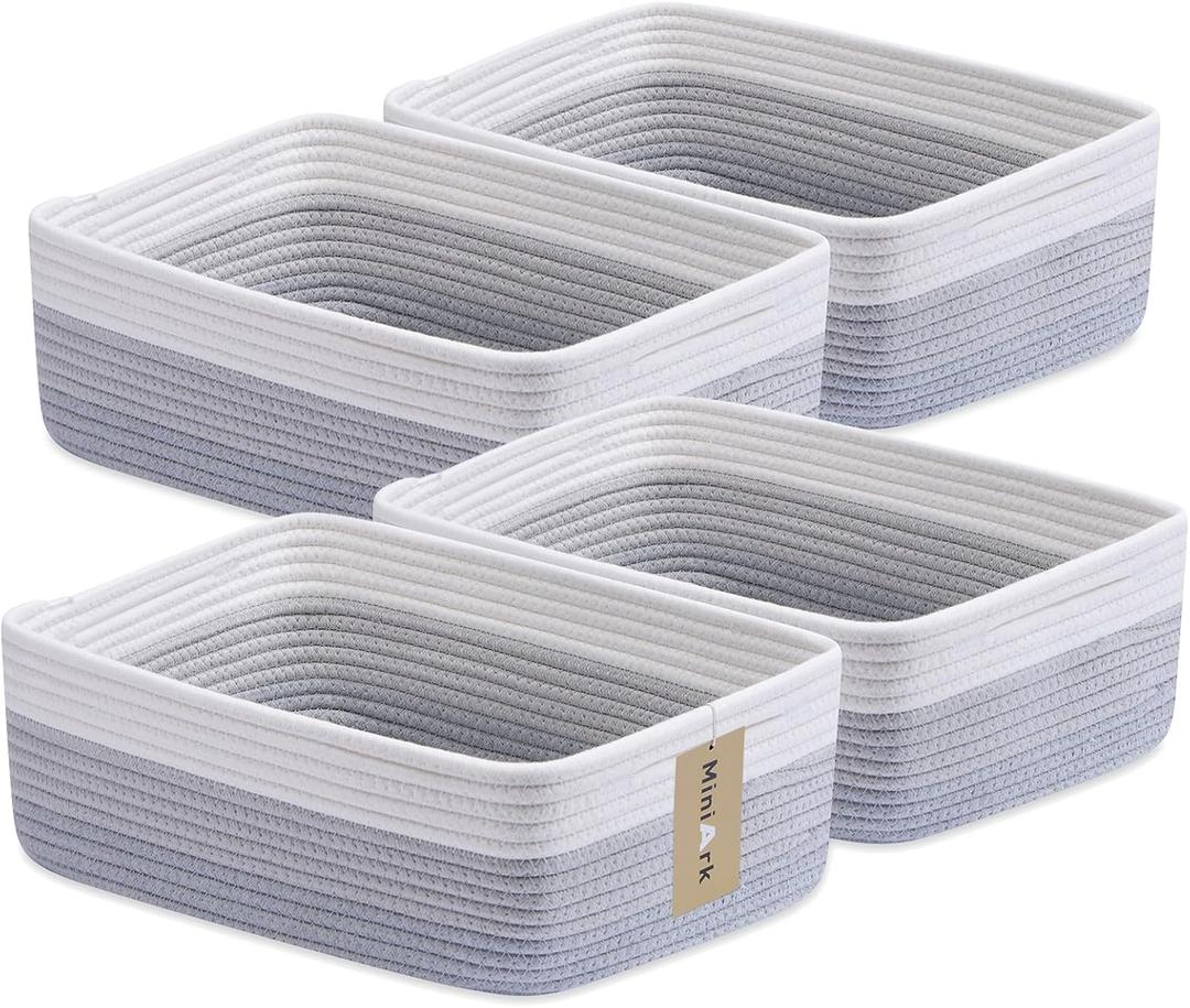 MiniArk Large Shallow Organizing Baskets 15x11x5.1 Inches - Rope Woven Storage Bins for Bathroom, Shelves, Cube Closet, Gradient Grey 4 Packs