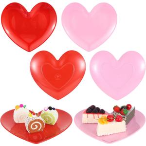 4 PCS 11" Heart Shaped Plates Valentines Day Decorative Ceramic-Like Salad Dessert Plates Unbreakable Dishes Heart Serving Trays for Valentine's Party Anniversary Dating Wedding (Red & Pink)