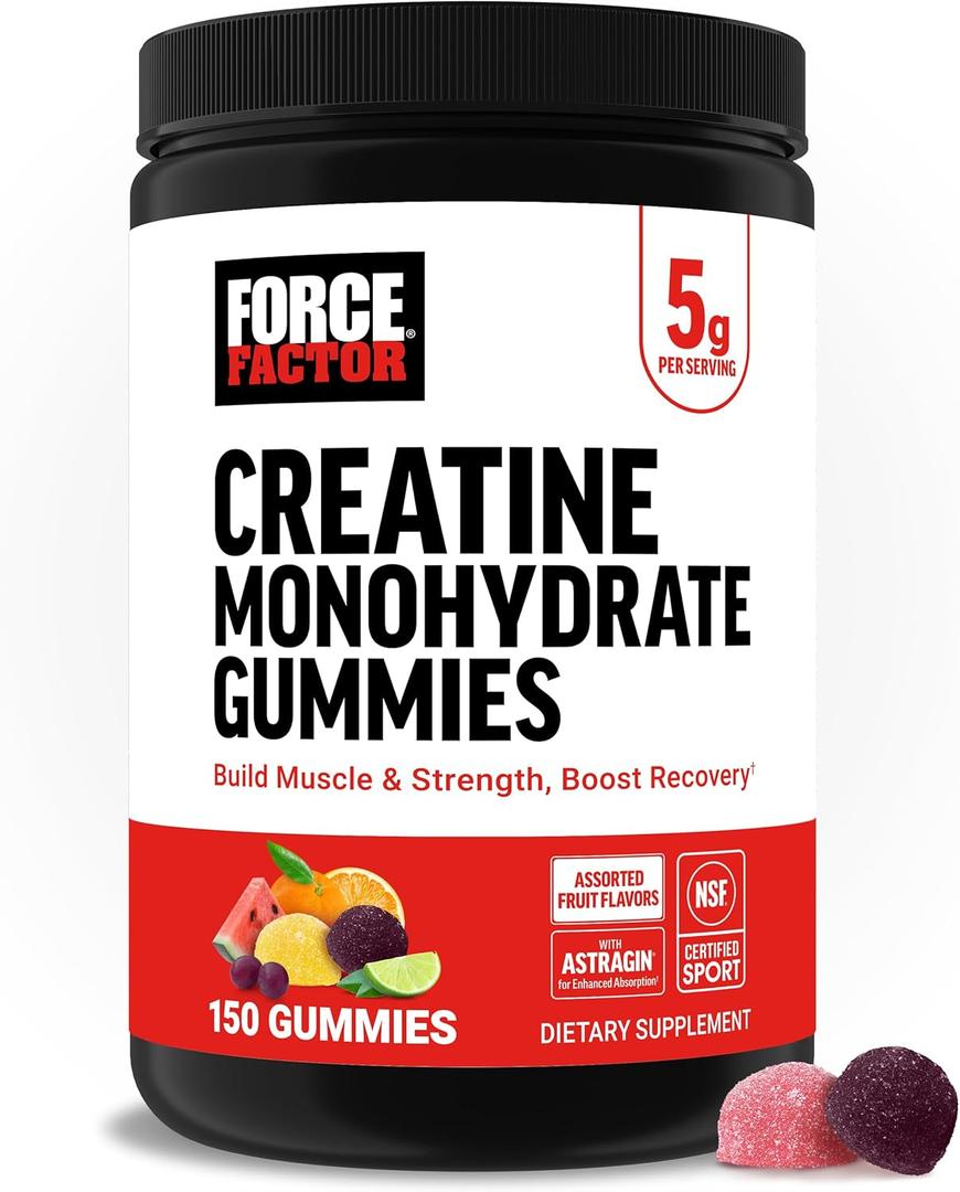 Force Factor Creatine Monohydrate Gummies, NSF Certified, 5g Dose for Men & Women to Support Muscle, Strength, Recovery, Cognitive Health & Memory, Assorted Fruit Flavors, 150 Gummies (EXP 06/01/27)