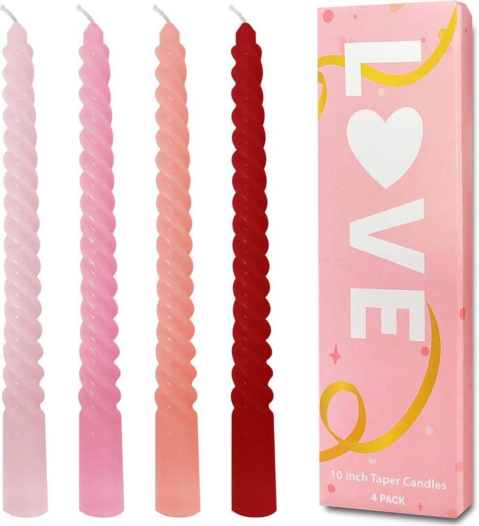 Red Gradient Taper Candles, Spiral Twisted Taper Candles Set of 4, Unscented Taper Candlesticks 10 inch Tall, Home Decor Wedding Decorations