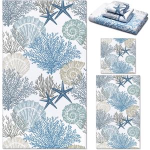 Preboun 3 Pack Hand Towels for Beach and Bathroom - Seashell Coral Starfish Nautical Bath Towels - Sea Creature Dish Towels for Kitchen, Hotel, Home (Blue, White)