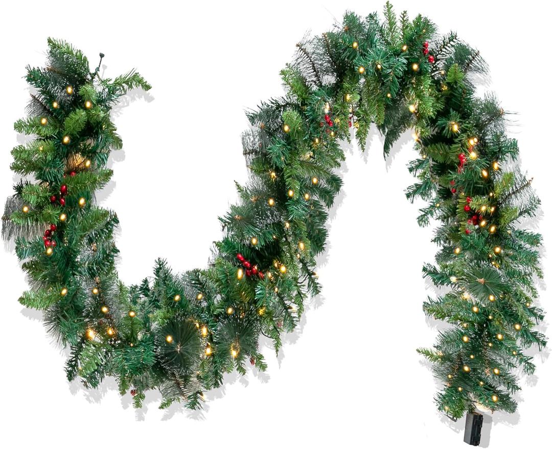 JOYIN 9 Ft Pre-Lit Christmas Garland with 100 Count Warm White Lights & Red Berries, Artificial Garland for Christmas Holiday Season Outdoor Indoor Decorations, Xmas Collection (Battery Powered)