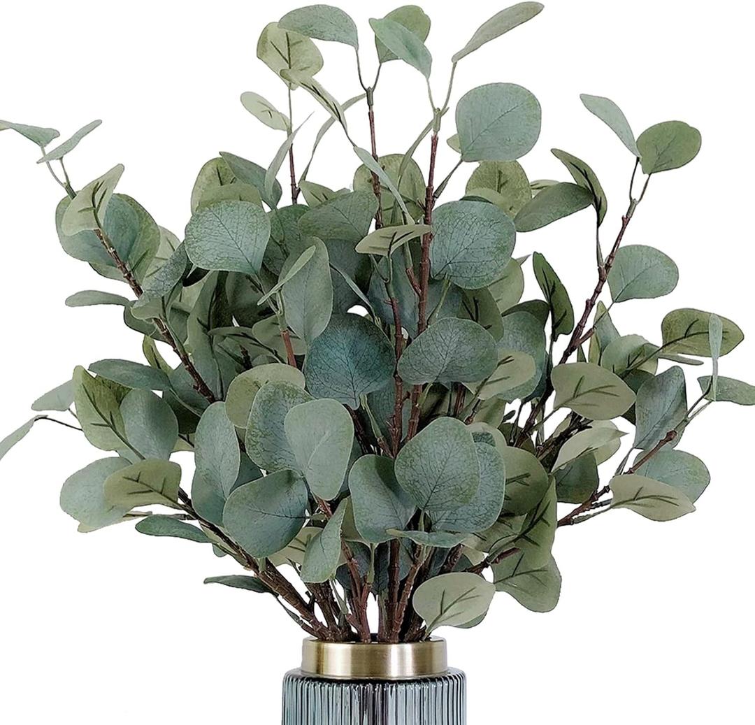 HinyoCo 6 Pcs 35 Inch Tall Stems Artificial Eucalyptus LeavesFaux Silver Dollar Eucalyptus Leaf Branches in Grey Green for Home Party Wedding Decoration