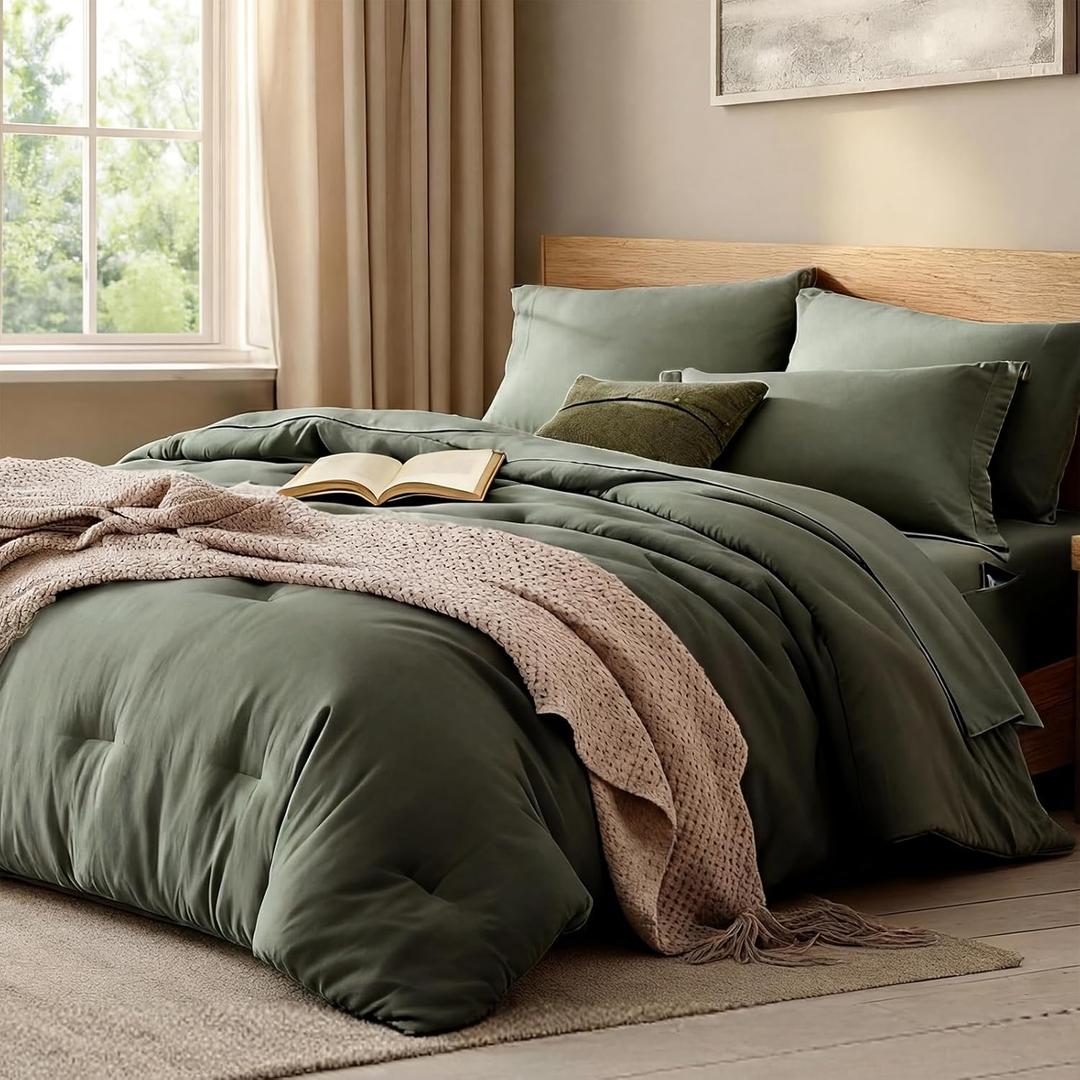 WRENSONGE King Size Comforter Set- 7 Pieces Soft Olive Green Bed in a Bag King with Fitted Sheet, Flat Sheet, 2 Pillow Shams, and 2 Pillowcases-Warm King Bedding Set for All Season