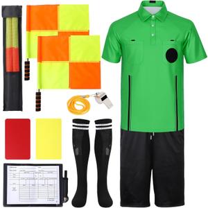 Soccer Referee Jersey, 7PCs Soccer Referee Kit, Referee Cards, Whistle, Socks, Flags, Soccer Referee Costume for Adult (Green, S)