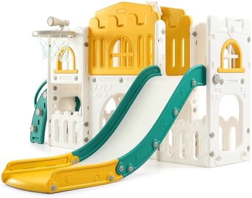 Garvee Toddler Slide 8in1 Indoor Outdoor Playset Age1-3Green | Baby Playset for Indoor Outdoor Playground with Climber, Crawling Tunnel, Basketball Hoop, Telescope, Toy Storage