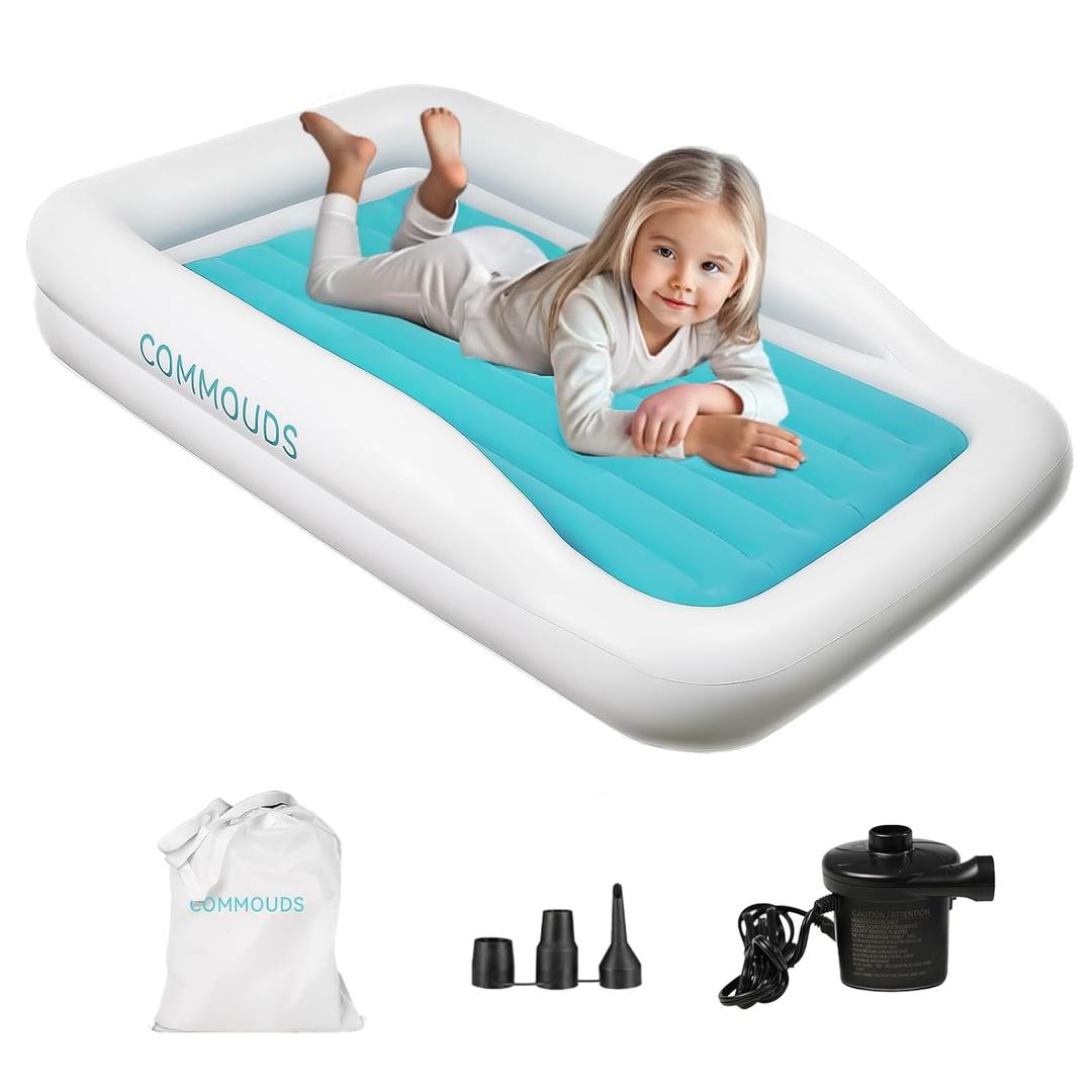 COMMOUDS Portable Toddler Travel Bed with Safety Bumpers, Inflatable Kids Air Mattress with Electric Pump, Baby Blow up Mattress, for Grandma's Home Camping Vacation (Teal)