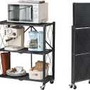 BRIAN & DANY 3-Tier Foldable Storage Shelves with Wheels, No Assembly Folding Shelf Metal Rack, Shelving Unit for Kitchen, Garage, Black