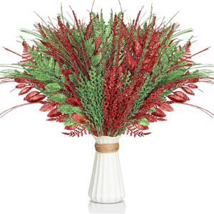 50 Pcs Red and Emerald Green Christmas Tree Picks and Sprays Xmas Tree Topper Glitter Pine Twigs Faux Glittery Branch Stems for Christmas Vase Wreath Decoration DIY Craft Supplies