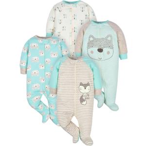 Gerber Baby Girls 4 Pack Sleep 'N Play Footie (Preemie, Aqua Fox)
