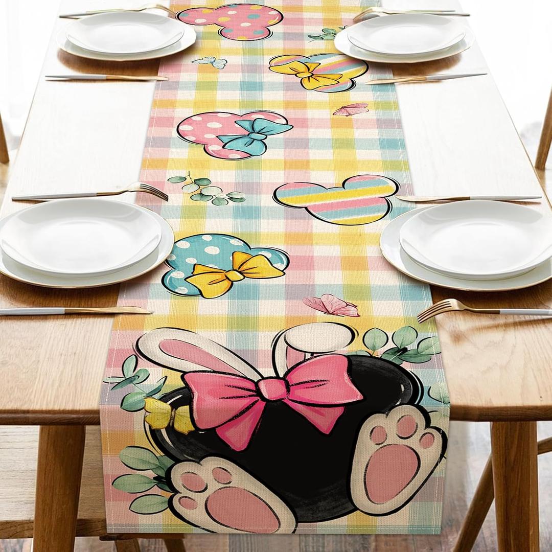 Easter Table Runner, Bunny Ears Colorful Plaid Check Farmhouse Kitchen Dining Table Decoration, Spring Eucalyptus Leaves Burlap Indoor Outdoor Home Decor Party Supply 13x72 Inches