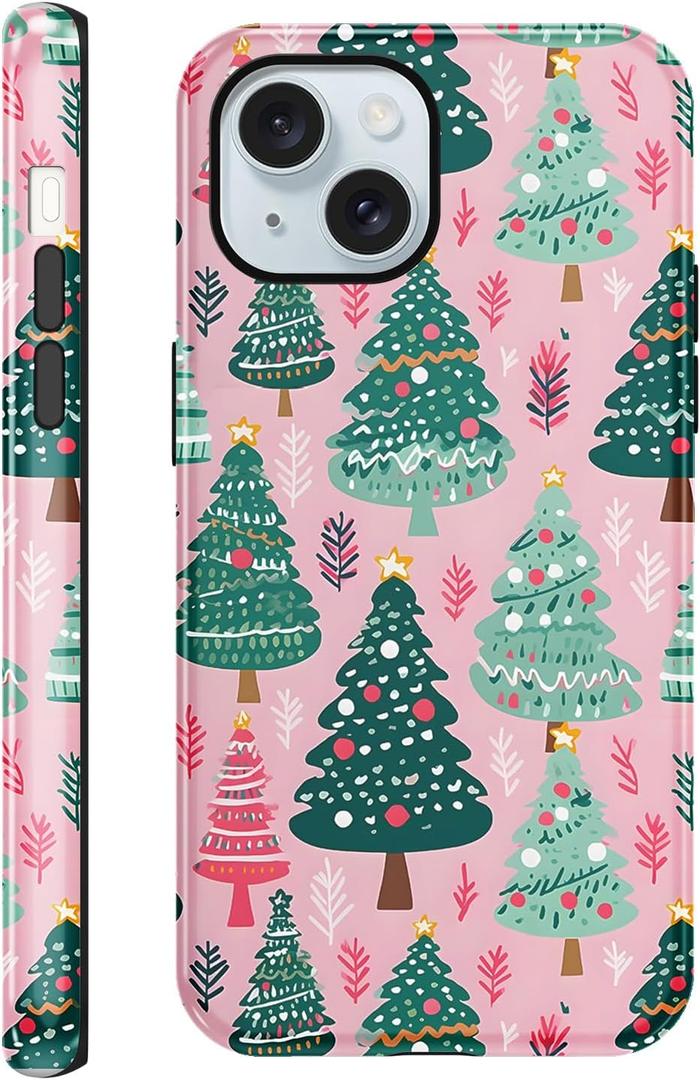 lioscre Case Compatible with for iPhone 15 Plus 6.7'', Cute Preppy Christmas Tree Pattern Phone Case, Aesthetic Hybrid 2-Layer Hard Shell Resistant Shockproof Protective Cover for Girl Women Men