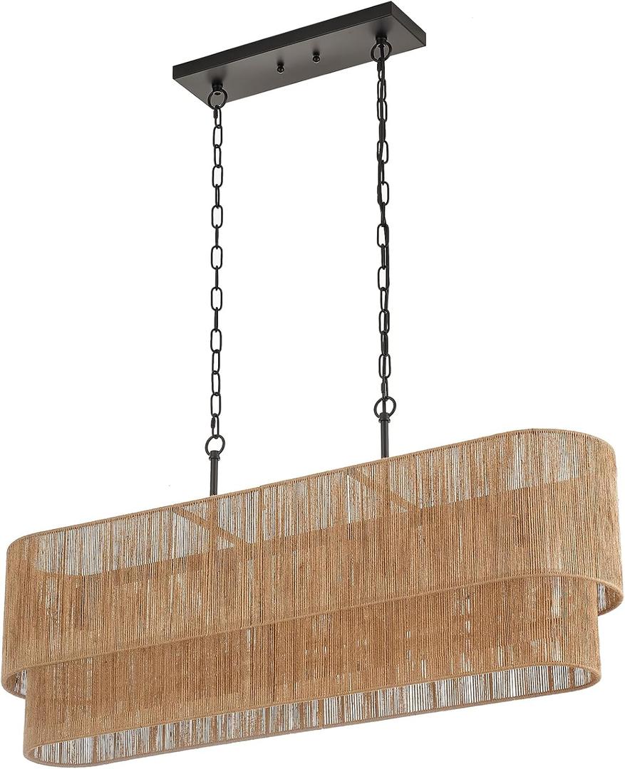 42 Boho Chandelier Coastal 2 Layers Hand Woven Rattan Pendant Light Linear Large Island Light for Dining Room Kitchen Island Living Room, UL Listed