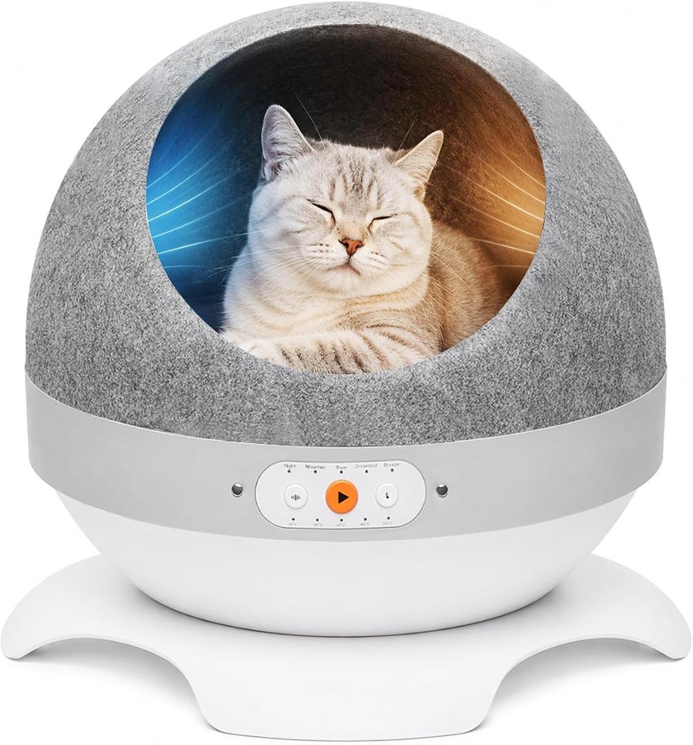 HOVONO Smart Cooling & Heated Cat Bed for Kittens/Small Cat Indoor Use | 2-in-1 Convertible Cat Cave with Adjustable Temperature, 5 Soothing Sounds, Stable Anti-Tip Base Cat House for All Seasons