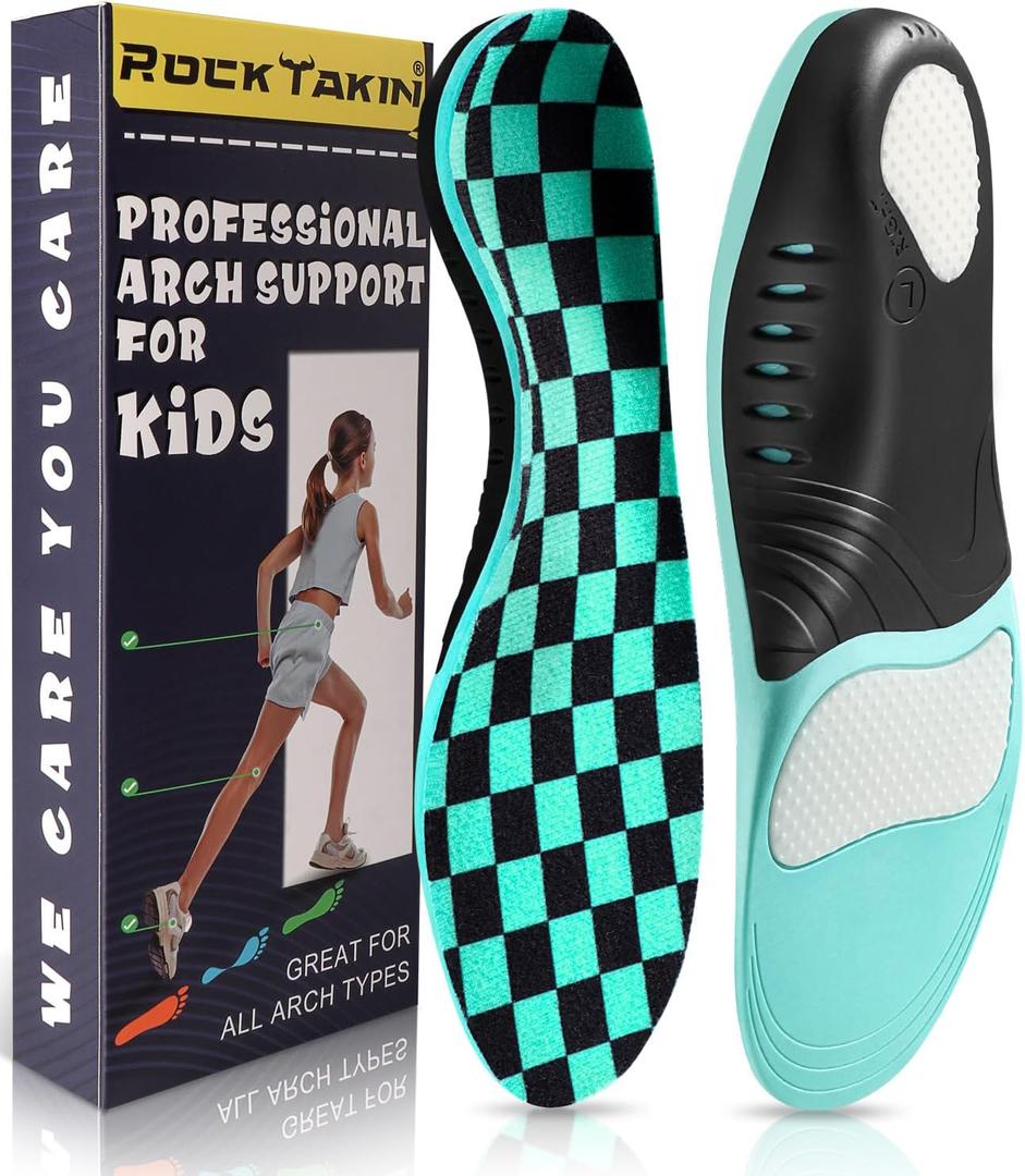 ROCKTAKIN Kids Arch Support Shoe Insoles, Plantar Fasciitis Orthotics Inserts Strong Support for Children's High Arch, Flatfoot Pain Relief, Posture Improve, 4.5-5.5, Big Kid (24 CM), Blue
