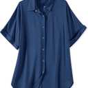 Women’s Soft Casual Short Sleeve Snap Front Blouse Shirt, Dark Blue, XX-Large