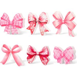 Yousoontic 6 Pcs Pink Bow Party Decor Coquette Room Wooden Sign 3D Pink Bow Table Centerpiece Tiered Tray Decoration for Home Dorm Desk Tabletop Birthday Bridal Wedding Party Supplies