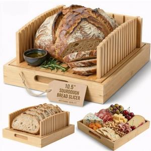 Bamboo Bread Slicer for Homemade Bread - Sturdy Bread Cutting Guide with Crumb Catcher Tray & Serving Board - Bread Cutter Machine for Loaf, Sandwich, Baking