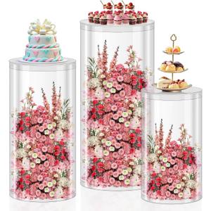 3Pcs Transparent Cylinder Pedestal Stands, Thickened PVC Round Pedestal Display Plinth Pillars for Wedding Birthday Babyshower Decoration Art Decor