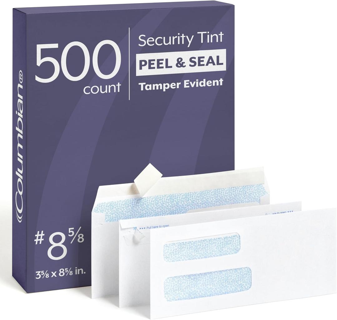 Columbian #8-5/8 Security Envelopes, 500 Pack, Double Window Self Seal Envelopes for QuickBooks Checks and Business Mailings, Tamper Evident, 3-5/8" x 8-5/8", Durable 24 lb White Paper