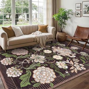 GarveeHome Plum Pink Floral Christmas Washable 5x7 Rug for Living Room, Black Purple Vintage Boho Cottage Throw Rugs Low Pile Carpet for Bedroom Dining Nursery Rug