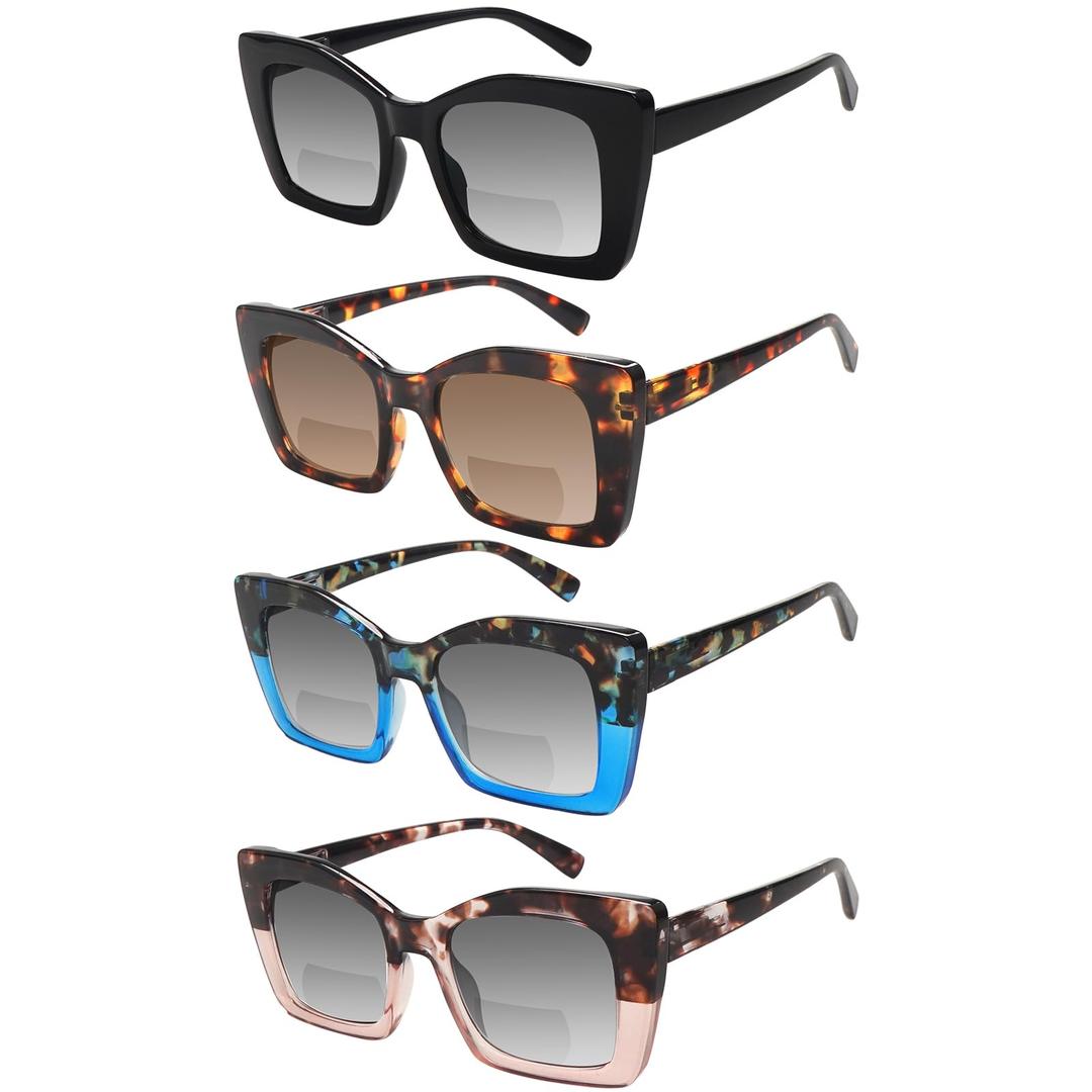 MAEOWN 4 Pack Bifocal Reading Sunglasses for Women Oversized Square Sun Readers Fashion Style for Women UV400 Protection (4 Pack Mix Color, 2.50, x)