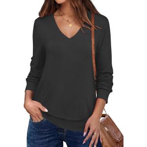 ANRABESS Women's Long Sleeve Shirts Casual Loose V Neck Basic Tees Tops 2026 Fall T-Shirt Outfits (Black, XS)
