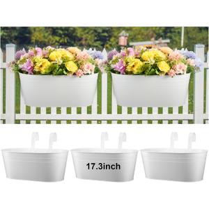 Honeydak 3 Pcs 17.3 Inch Large Metal Iron Hanging Flower Pots Outdoor Rail Planter with Detachable Hooks and Drainage Holes Deck Railing Fence Flower Buckets Plant Holder for Home Window Decor(White)