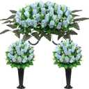 Wocst Cemetery Flowers for Grave,Headstone Flower Saddle with 2 Sets Grave Rose Flowers Bouquets with Vases for Cemetery Grave Decorations UV Resistant Non-Fading Easy Fit (Blue)