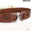 SANSTHS Vintage Women Stretchy Wide Belt Chunky Buckle Elastic Wide Waist Belts for Dresses Coats Medium