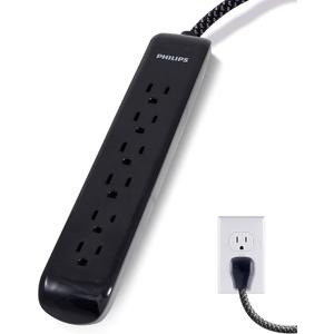 Philips 6 Outlet Surge Protector Power Strip, Designer Braided Power Cord, 4 Ft Power Cord, Flat Plug Extension Cord, Perfect for Office or Home Decor, 720 Joules, ETL Listed, Black, SPC3064BD/37