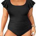 Plus Size One Piece Swimsuit - Women Tummy Control Bathing Suit Ruffle Vintage Swimwear with Sleeves (24W)