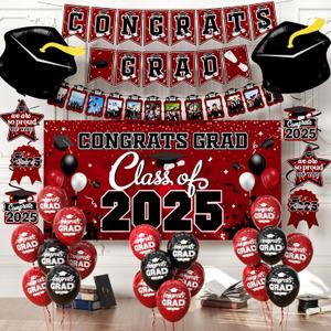Graduation decorations class of 2025,graduation backdrop sign,Congrats grad banner,Hanging Swirls,Maroon grad balloons for men women graduation party decorationsMaroon