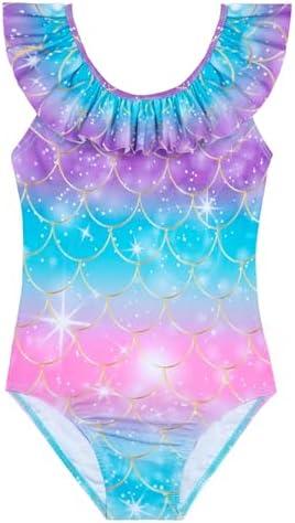 XiaoMoSha Girls Swimsuits Ruffled Round Neck One Piece Bathing Suits Quick Dry UPF 50+ Summer Hawaii Swimwear for Kids, size 120